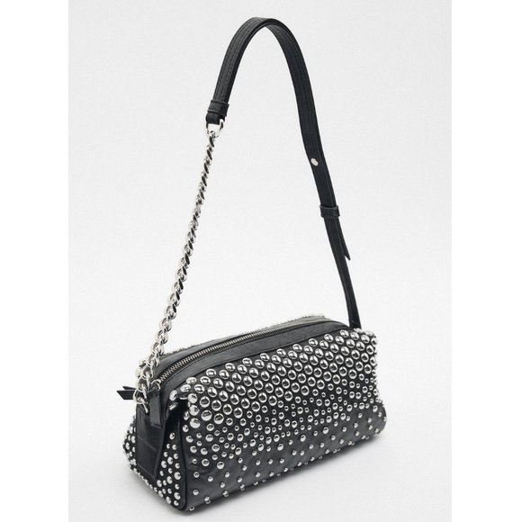 Zara Black Studded Rocker Shoulder Bag NWT - Picture 6 of 9